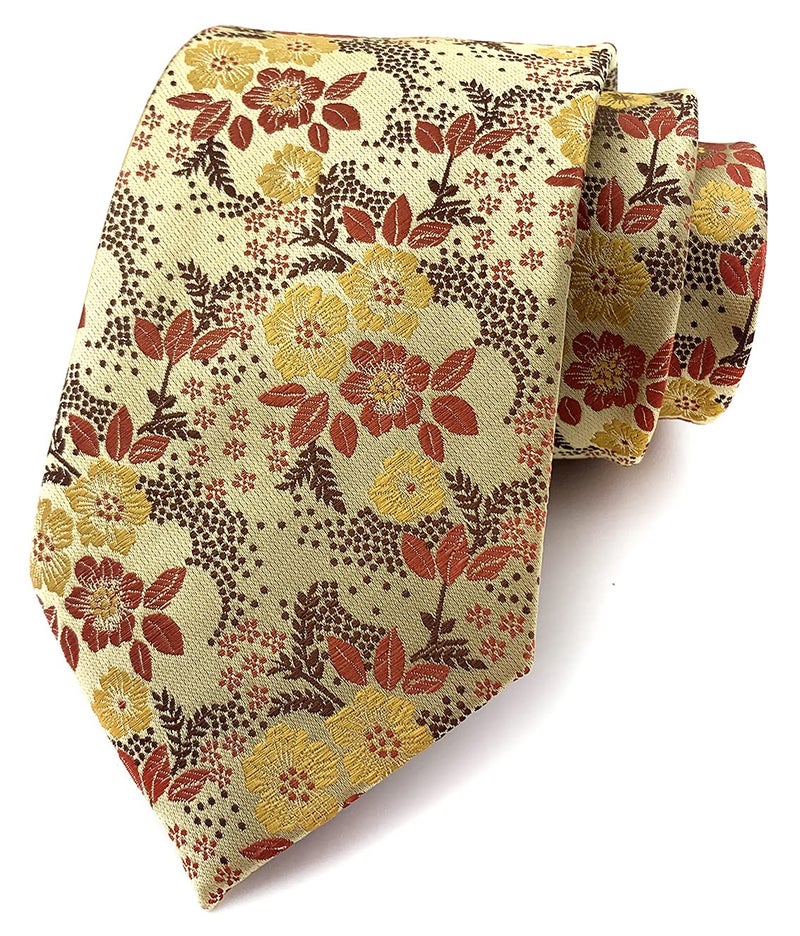Secdtie Men's Yellow Orange Brown Ties Floral Woven Silk Classic Formal Necktie - Image 1